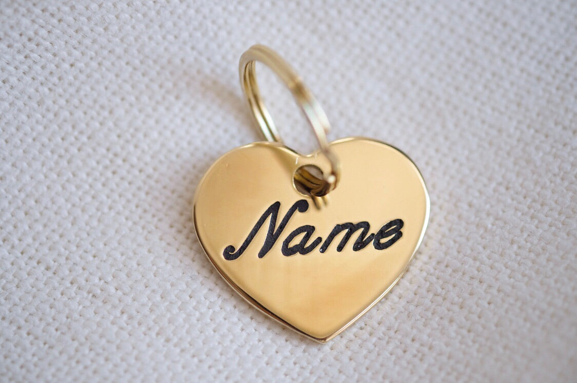Heart Shaped Brass Dog Tag - Cursive – Nugget Nielsen